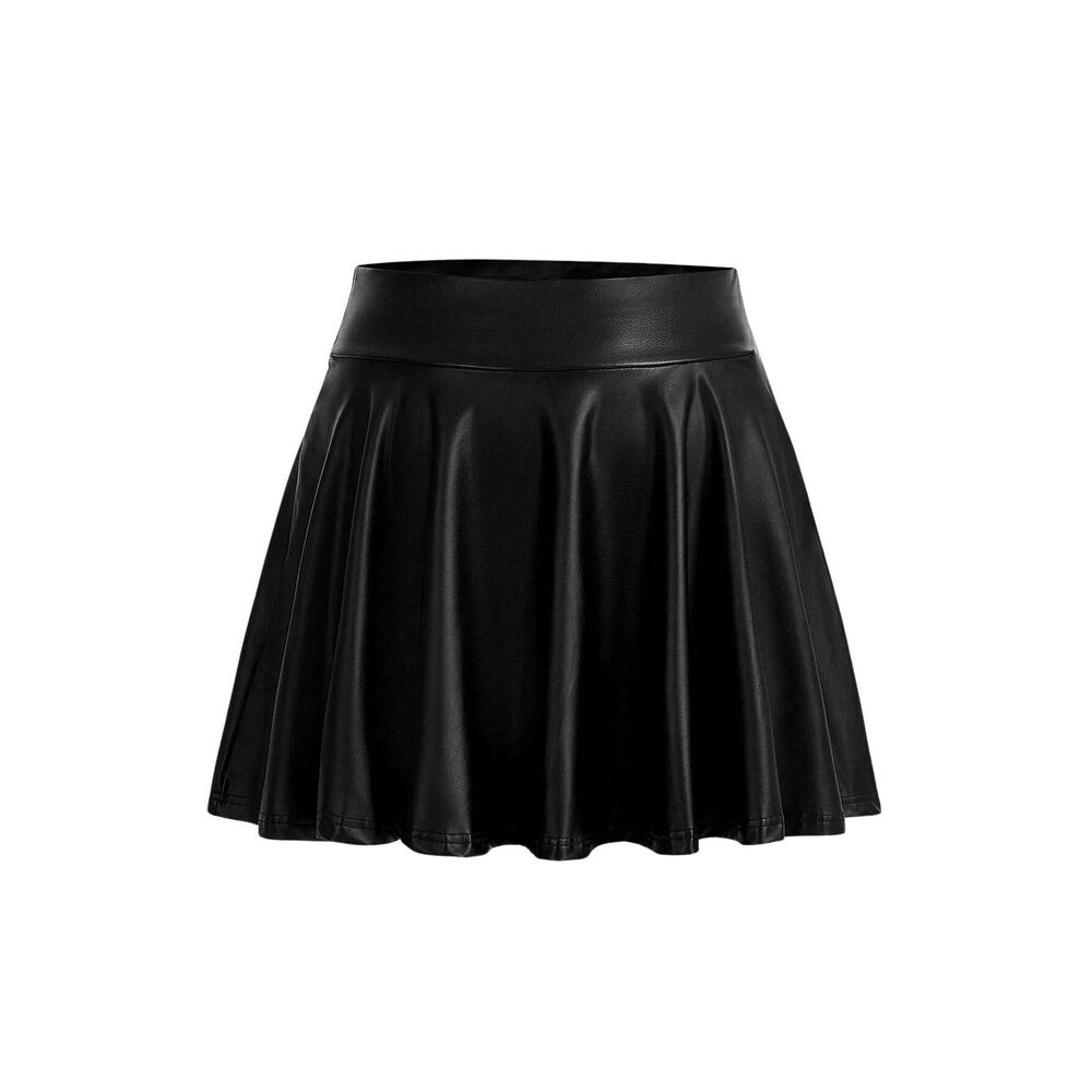 8403 Plus Size PU Leather High Waisted Ruffle A Line Short Skirt Flared